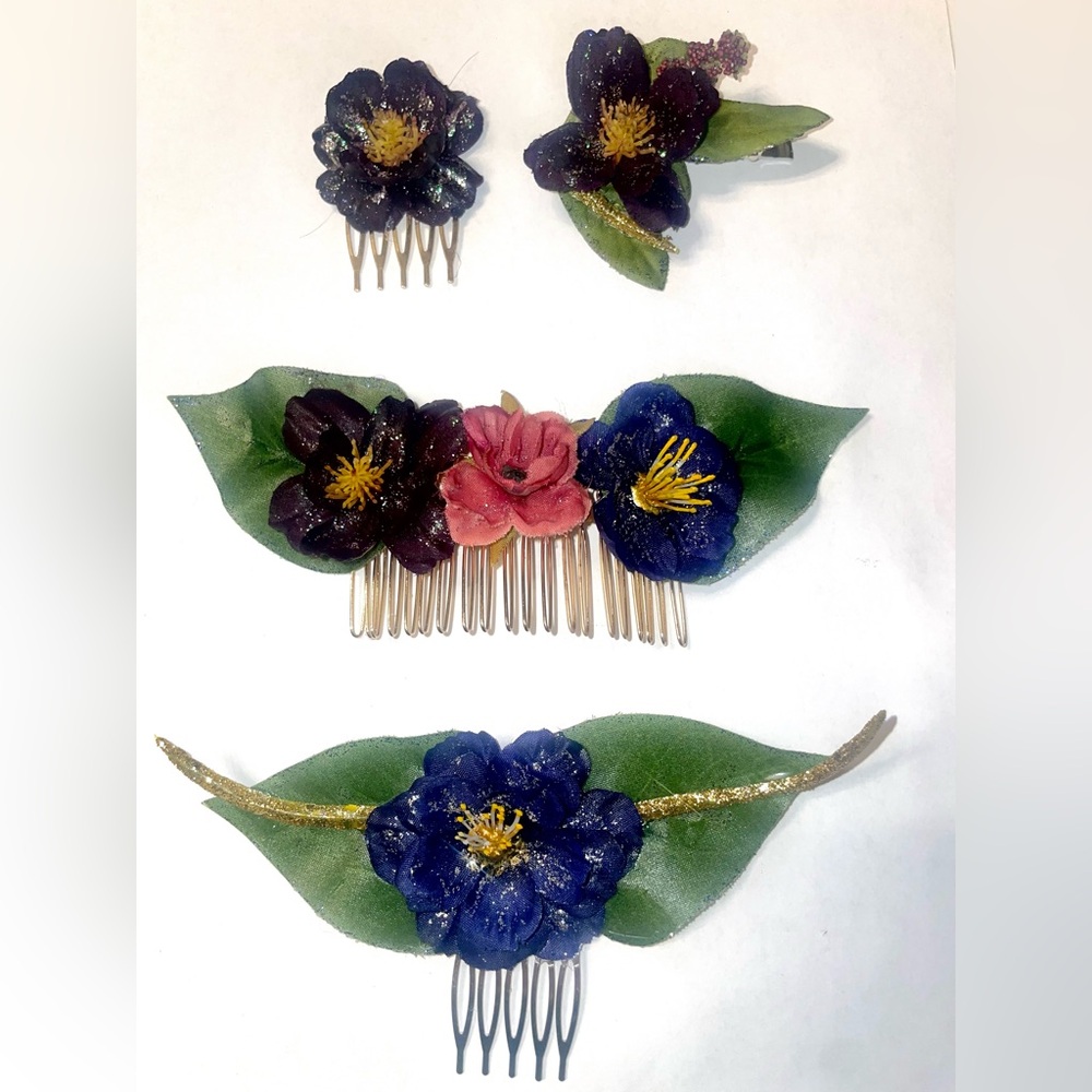 Handmade Floral Hair Comb with Blue and Pink Flowers